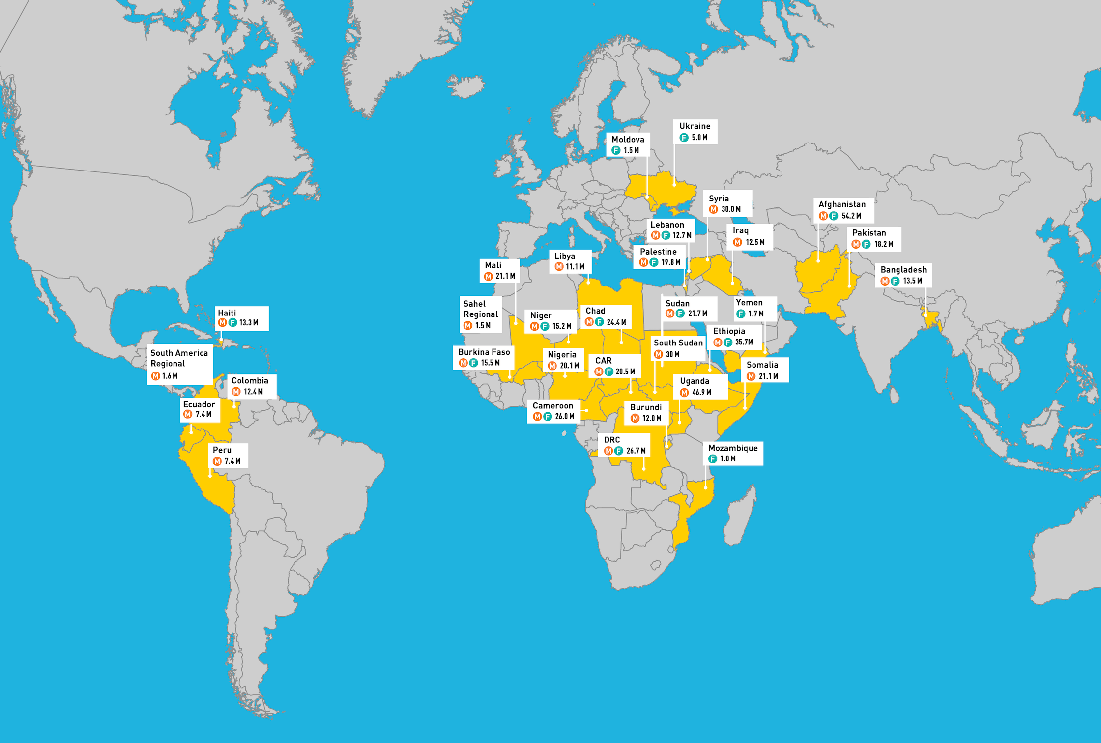 world map of active grants, located in south america, africa, asia, and europe