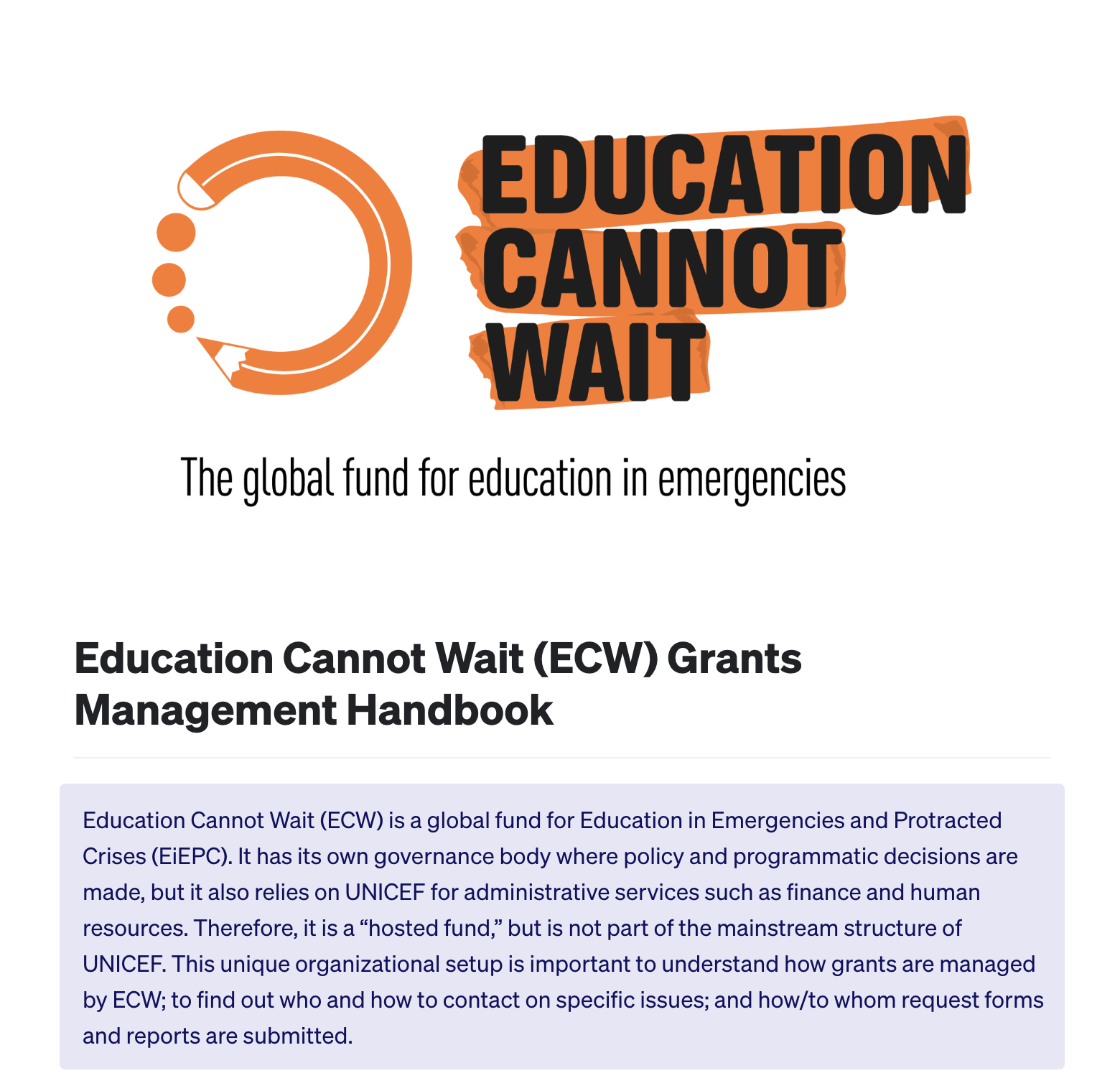 ECW Grants Management Handbook ECW Grants Management Handbook