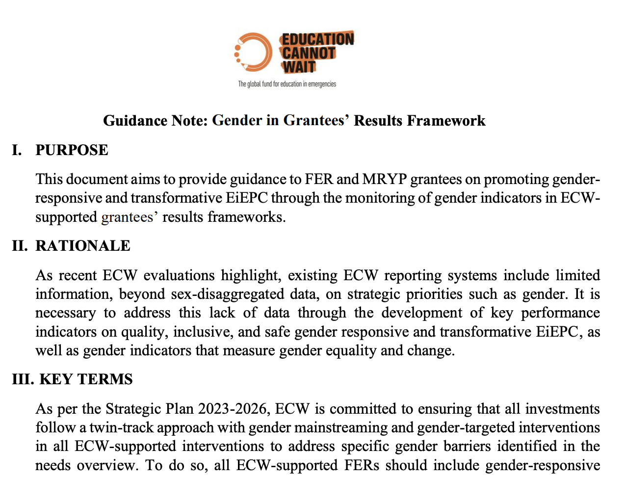 Guidance Note - Gender in Grantees Results Framework
