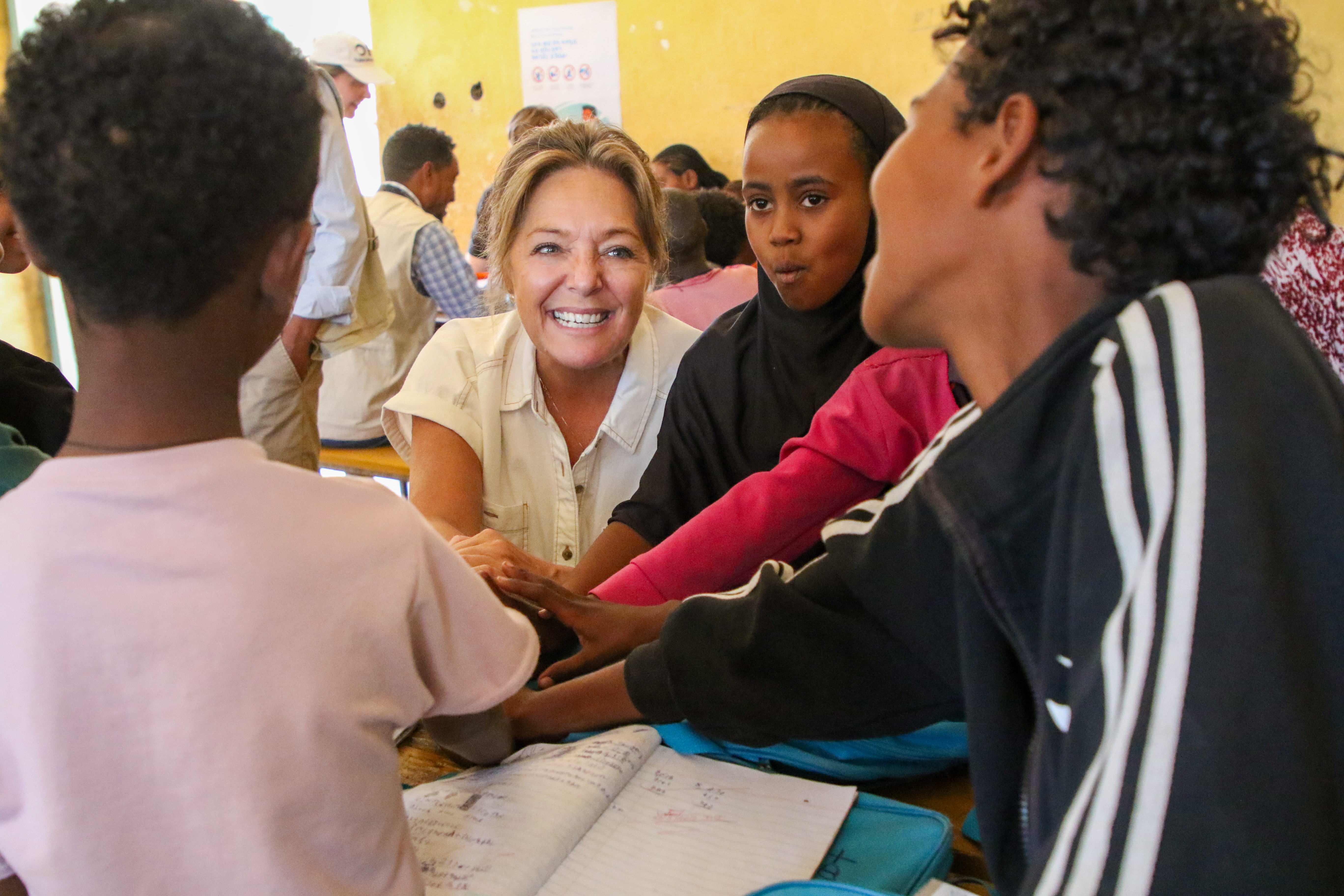 Yasmine Sherif with children at a school in Ethiopia
