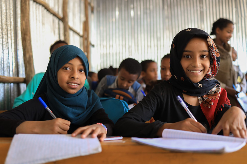 Girls attending class